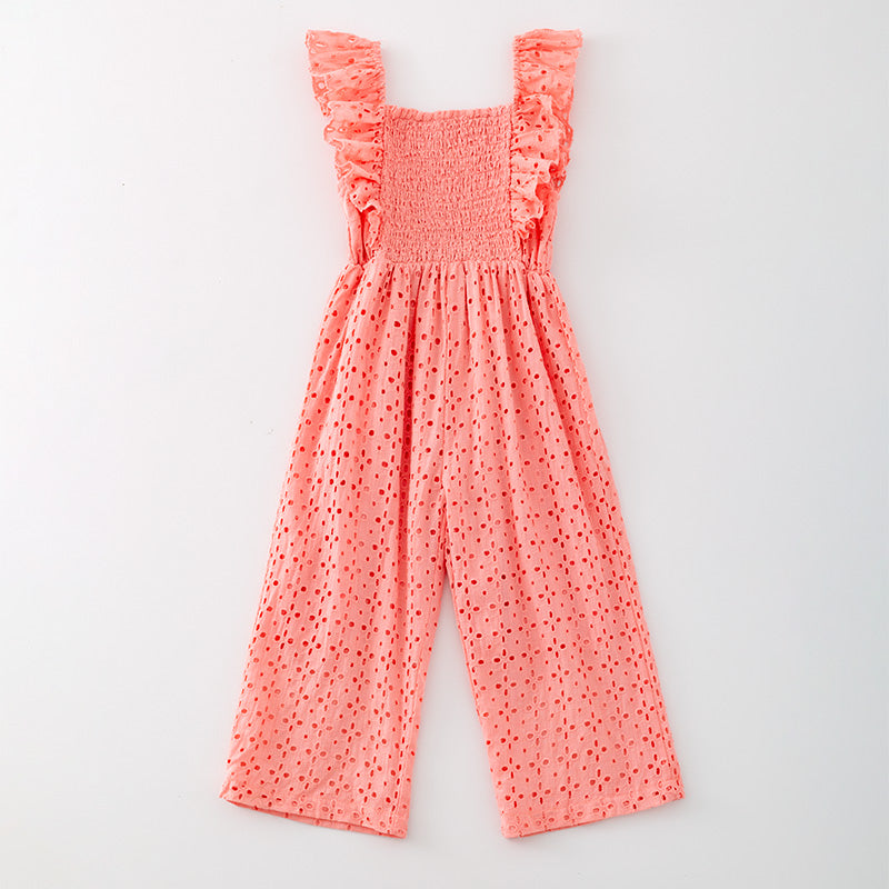 （In Stock）Girls Coral Smocked Cotton Woven Jumpsuit