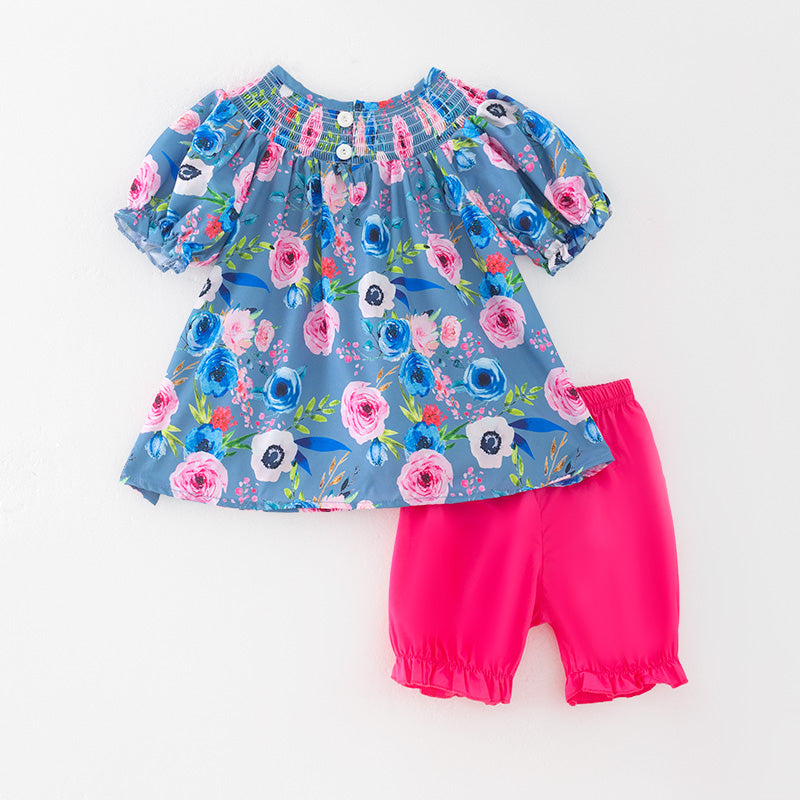 （In Stock）Girls Spring and Summer Floral Print Smocked Shorts Set