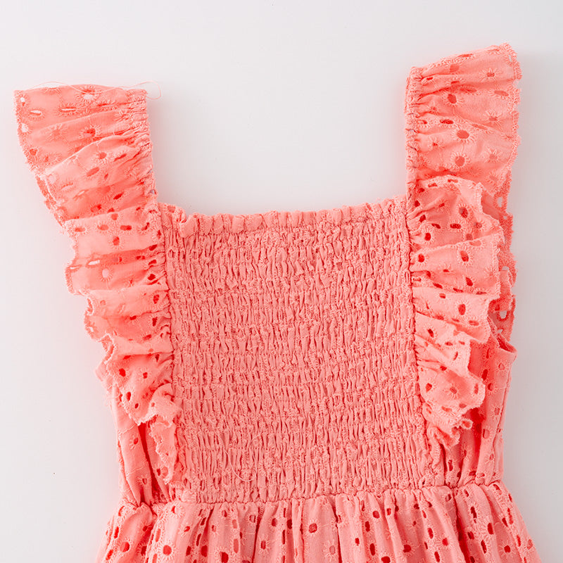 （In Stock）Girls Coral Smocked Cotton Woven Jumpsuit