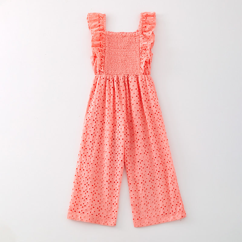 （In Stock）Girls Coral Smocked Cotton Woven Jumpsuit