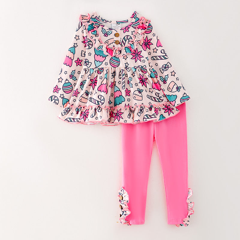 (In Stock L34-3-3)Girls Christmas Print Top Pink Pants Set