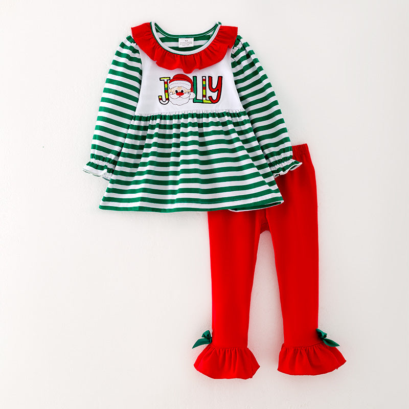 （In Stock L34-4-1）Girls Christmas Green Stripe Red Pants Set