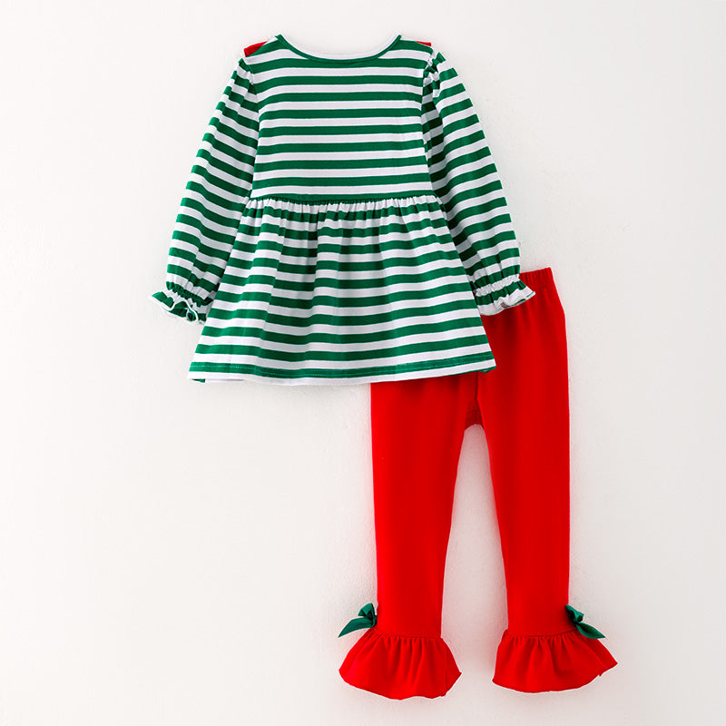 （In Stock L34-4-1）Girls Christmas Green Stripe Red Pants Set