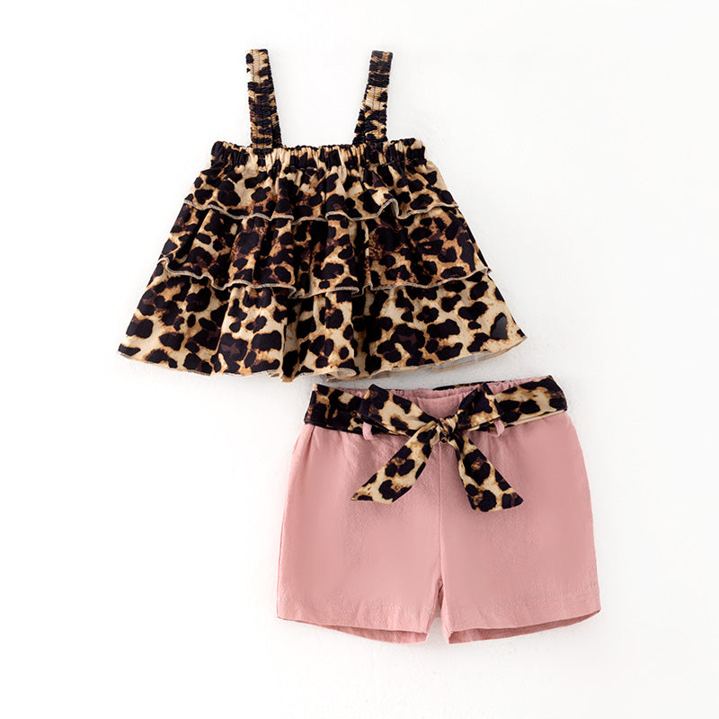 （In Stock）Girls Spring and Summer Leopard Print Halter Top Shorts Set