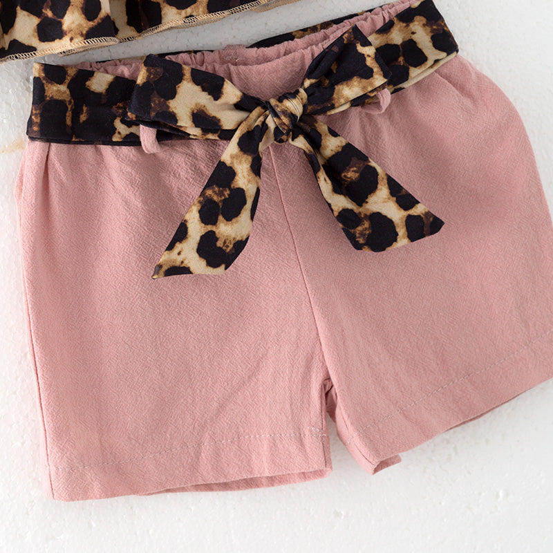 （In Stock）Girls Spring and Summer Leopard Print Halter Top Shorts Set