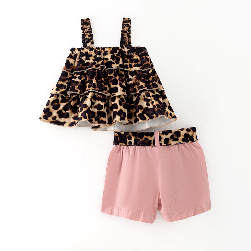 （In Stock）Girls Spring and Summer Leopard Print Halter Top Shorts Set