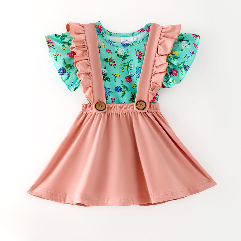 （In Stock）Girls Spring and Summer Floral Print Suspenders Dress Suit