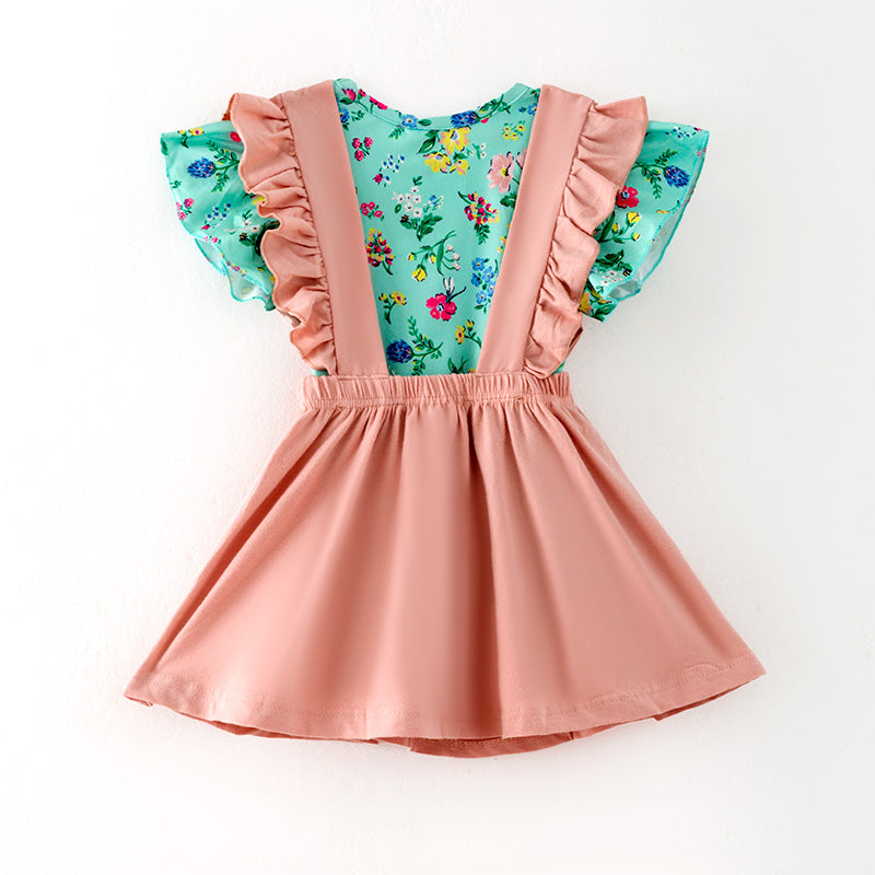 （In Stock）Girls Spring and Summer Floral Print Suspenders Dress Suit