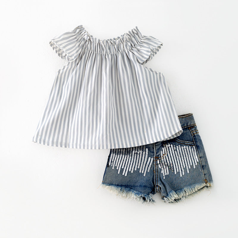 （In Stock）Girls Spring and Summer Grey Stripe Top Denim Shorts Set