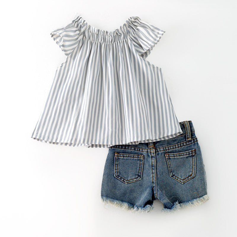 （In Stock）Girls Spring and Summer Grey Stripe Top Denim Shorts Set