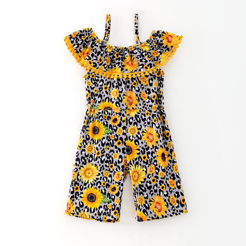 （In Stock）Girls Spring and Summer Sunflower Print Jumpsuit