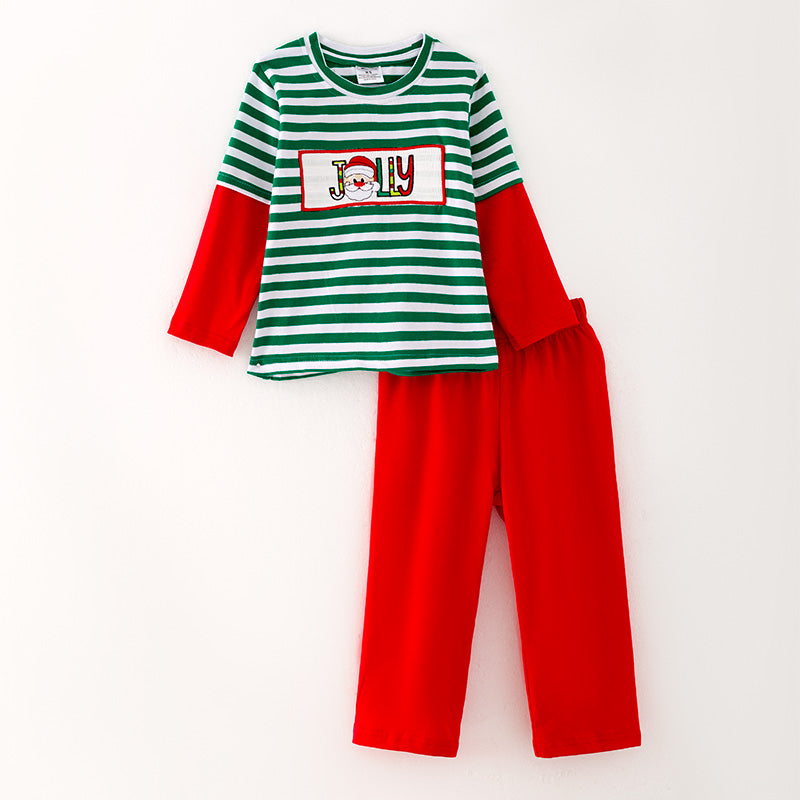 (In Stock L35-3-1)Boys Christmas Green Stripe Red Pants Set