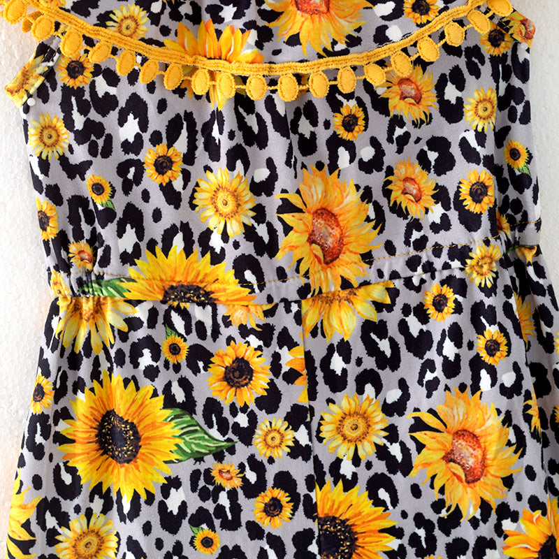 （In Stock）Girls Spring and Summer Sunflower Print Jumpsuit