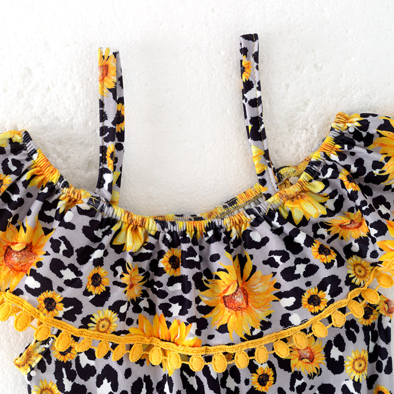 （In Stock）Girls Spring and Summer Sunflower Print Jumpsuit