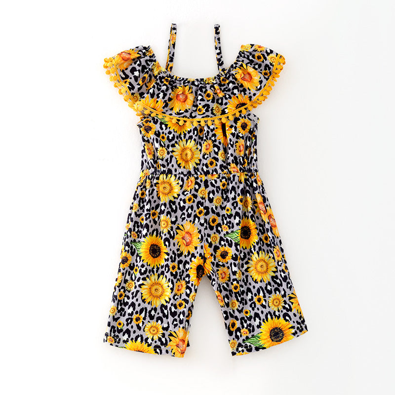 （In Stock）Girls Spring and Summer Sunflower Print Jumpsuit