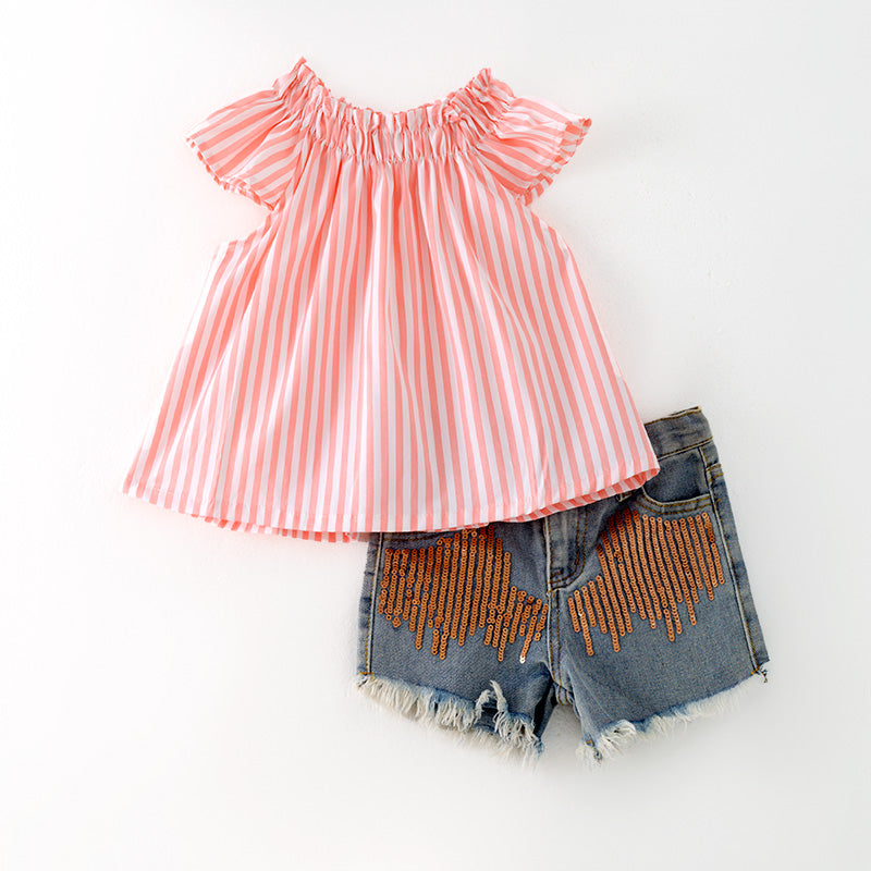 （In Stock）Girls Spring and Summer Pink Stripe Top Denim Shorts Set