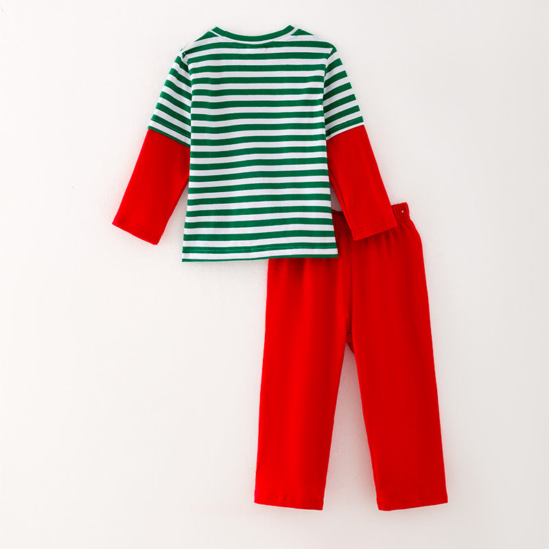 (In Stock L35-3-1)Boys Christmas Green Stripe Red Pants Set