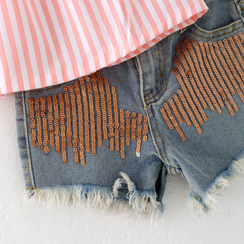 （In Stock）Girls Spring and Summer Pink Stripe Top Denim Shorts Set