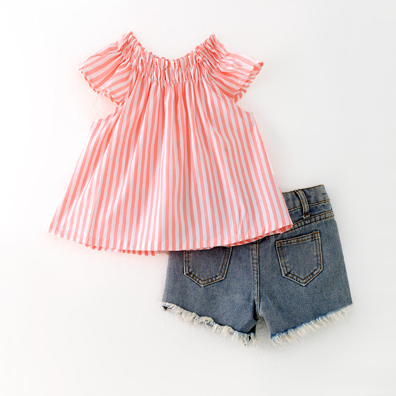 （In Stock）Girls Spring and Summer Pink Stripe Top Denim Shorts Set