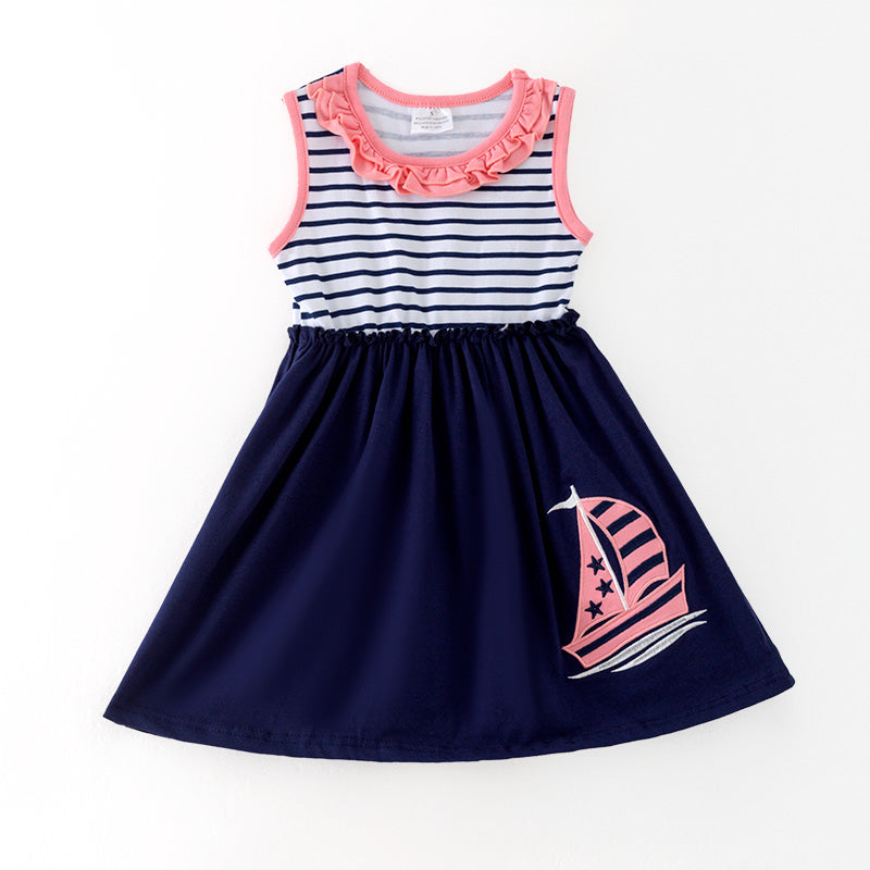 （In Stock）Girls Spring and Summer Ship Applique Stripe Dress