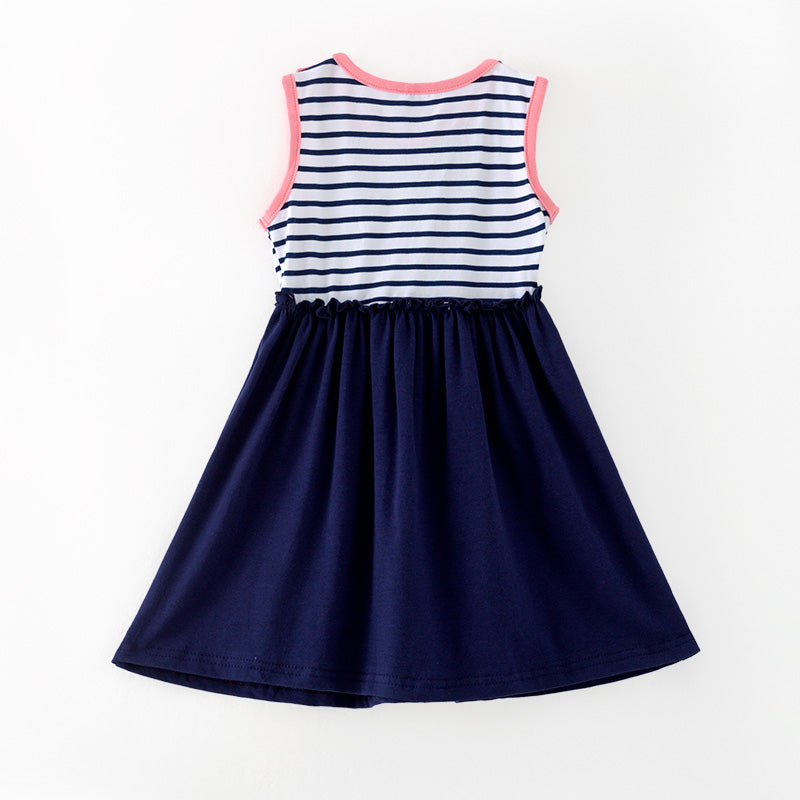 （In Stock）Girls Spring and Summer Ship Applique Stripe Dress