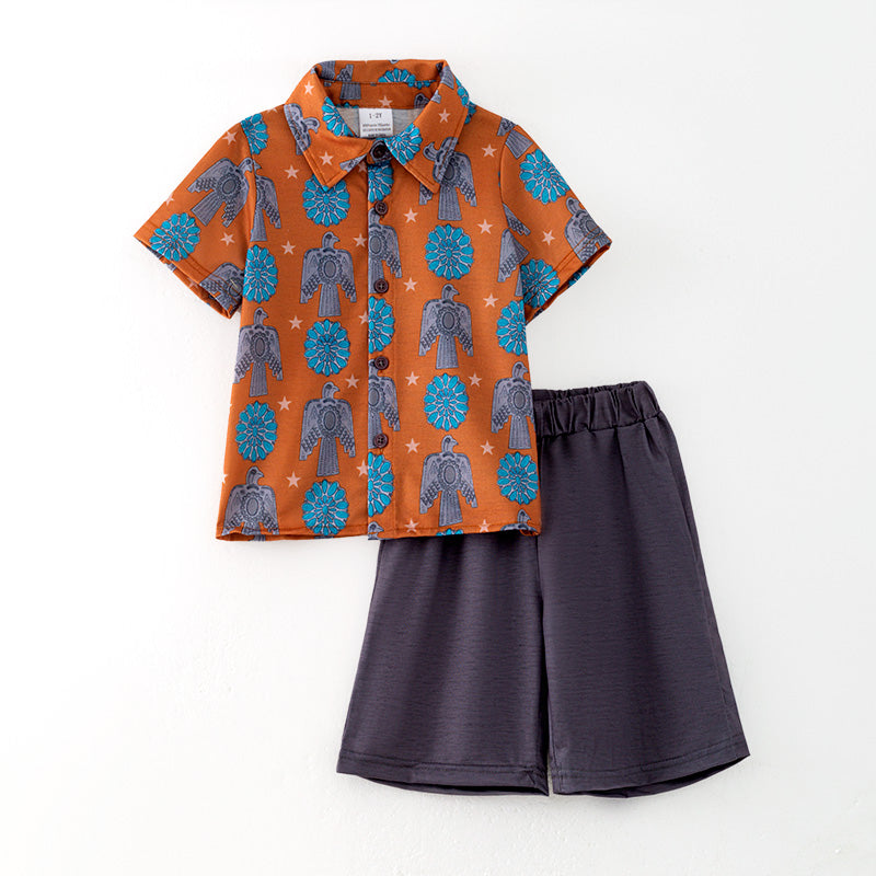 （In Stock）Boys Spring and Summer Eagle Print Shorts Set