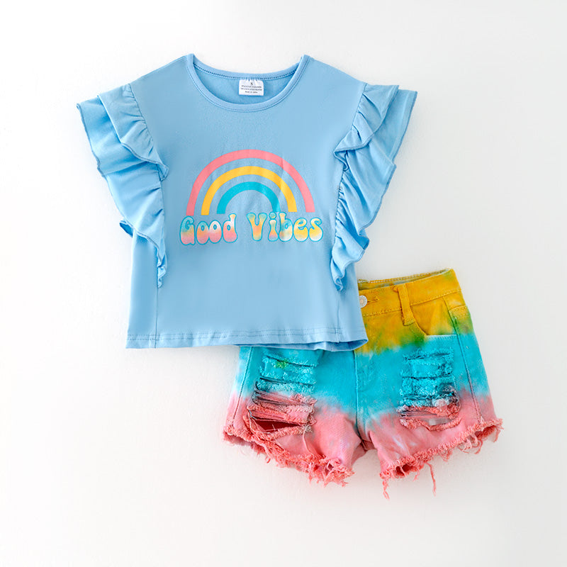 （In Stock）Girls Spring and Summer Rainbow Print Denim Shorts Set