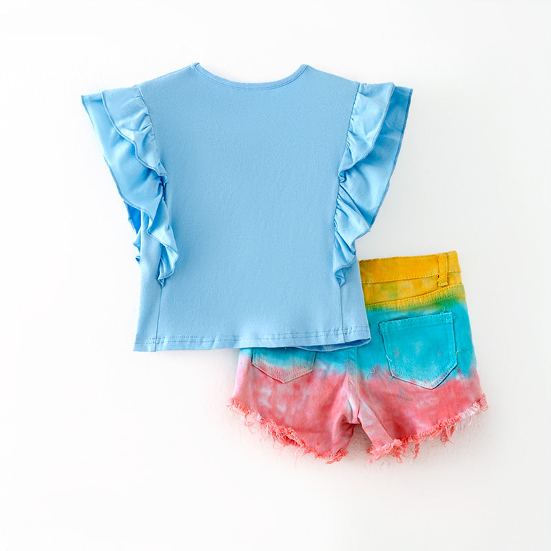 （In Stock）Girls Spring and Summer Rainbow Print Denim Shorts Set