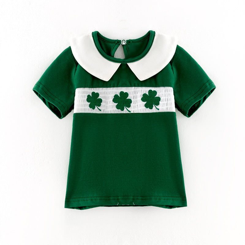 （In Stock）Girls St.Patrick's Day Shamrock Embroidery Smocked Top