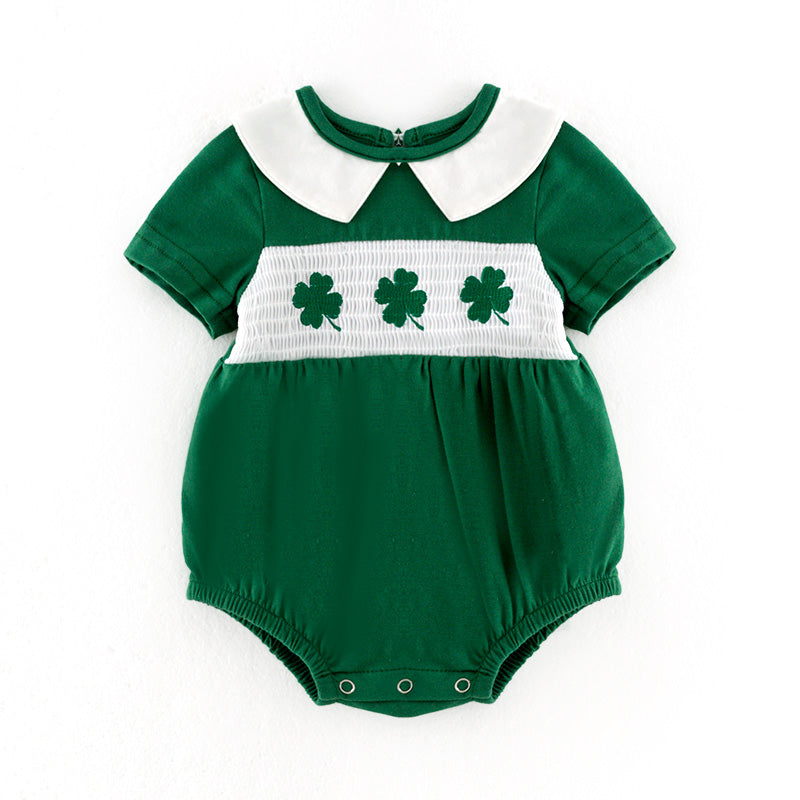 （In Stock）Toddler Girls St.Patrick's Day Shamrock Embroidery Smocked Romper