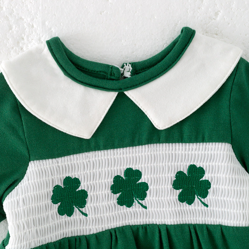 （In Stock）Toddler Girls St.Patrick's Day Shamrock Embroidery Smocked Romper