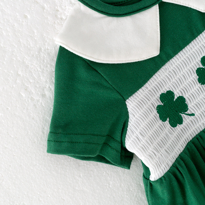 （In Stock）Toddler Girls St.Patrick's Day Shamrock Embroidery Smocked Romper