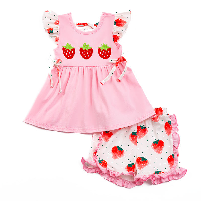 Pink Strawberry Embroidery Shorts Set