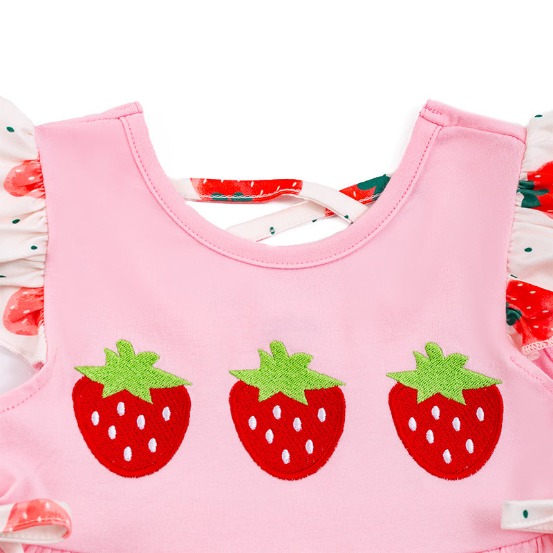 Pink Strawberry Embroidery Shorts Set