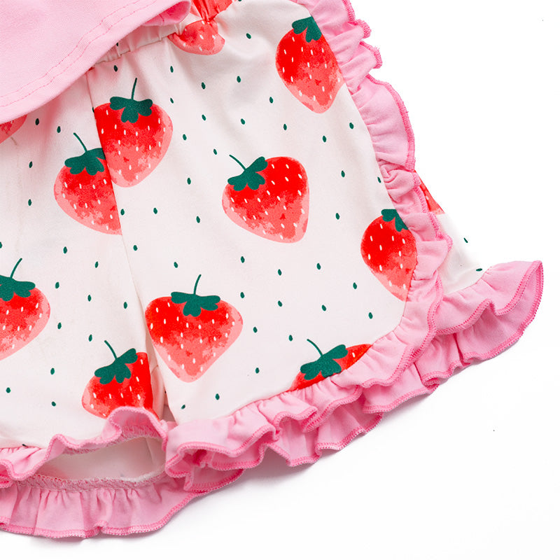 Pink Strawberry Embroidery Shorts Set