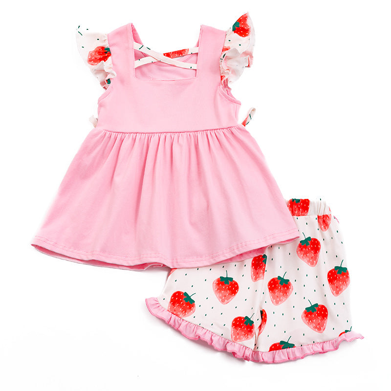 Pink Strawberry Embroidery Shorts Set