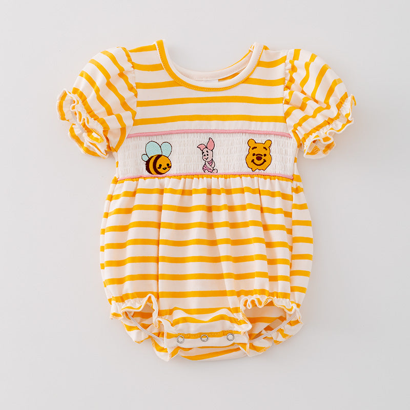 (In Stock A1-3-3)Baby Girls Cartoon Embroidery Yellow stripe Romper