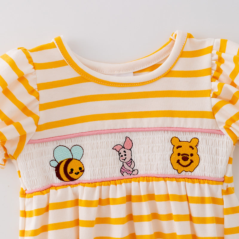 (In Stock A1-3-3)Baby Girls Cartoon Embroidery Yellow stripe Romper