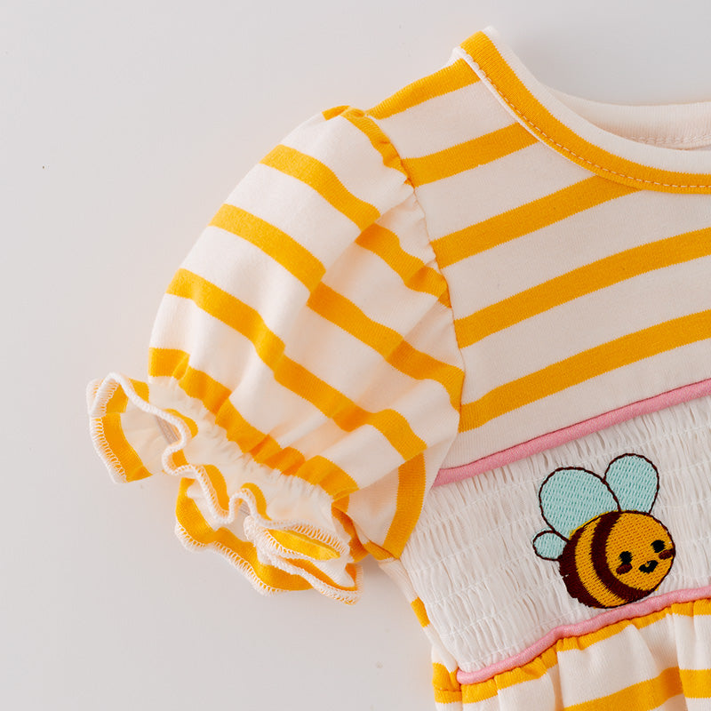 (In Stock A1-3-3)Baby Girls Cartoon Embroidery Yellow stripe Romper