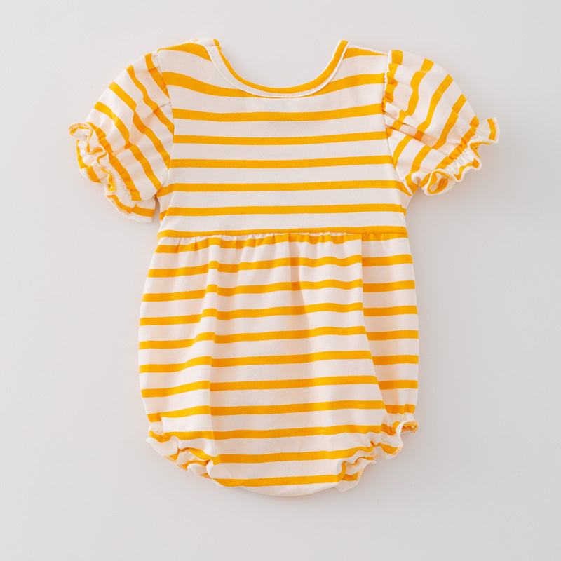 (In Stock A1-3-3)Baby Girls Cartoon Embroidery Yellow stripe Romper