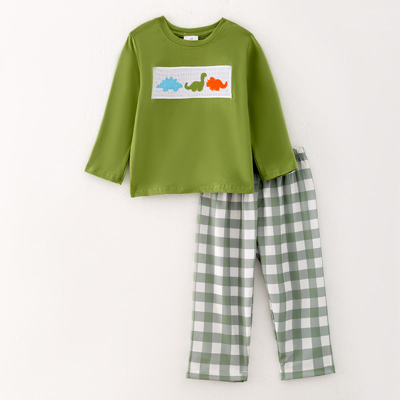 （In Stock G27-3-1）Boys Green Dinosaur Embroidery Outfit Set