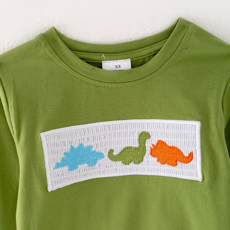 （In Stock G27-3-1）Boys Green Dinosaur Embroidery Outfit Set