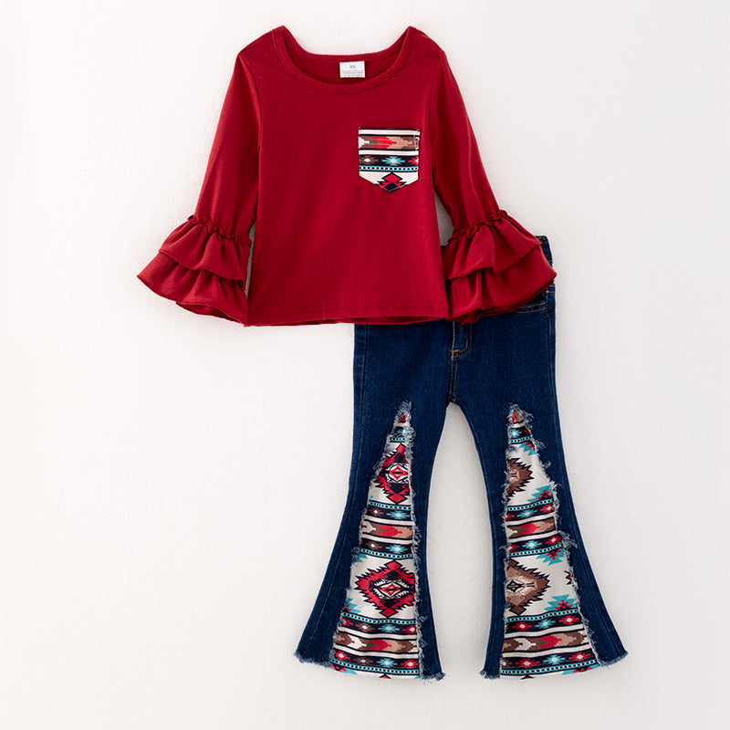 （In Stock G25-3-1）Girls Red Top Denim Set