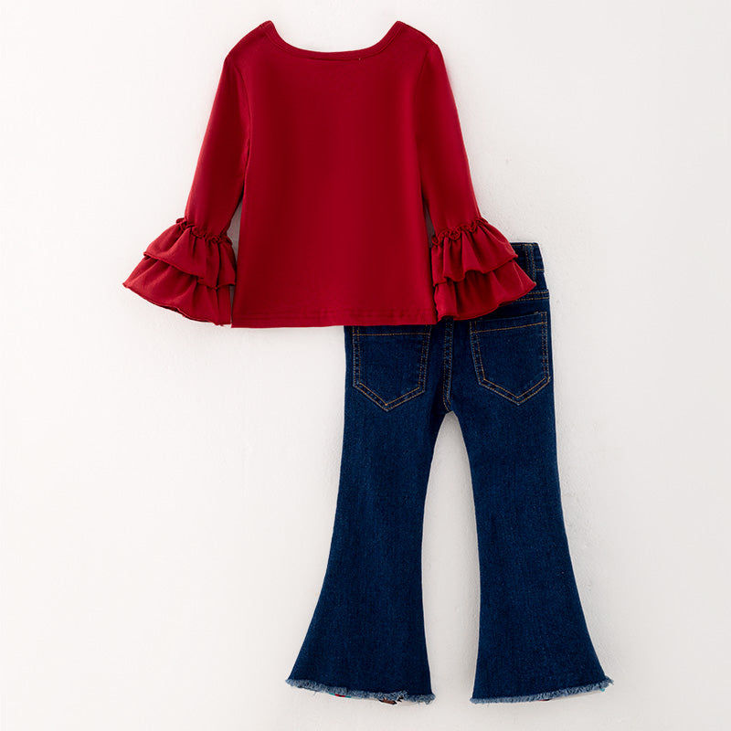 （In Stock G25-3-1）Girls Red Top Denim Set