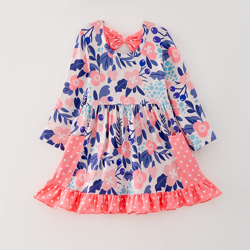 （In Stock G32-1-3）Girls Blue Floral Print Dress