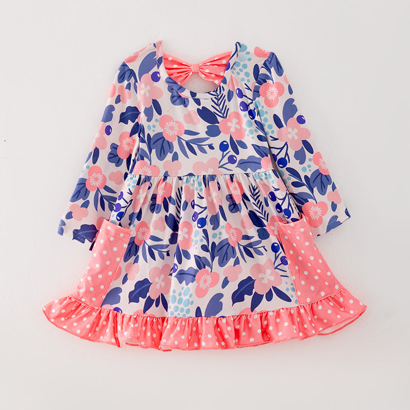 （In Stock G32-1-3）Girls Blue Floral Print Dress