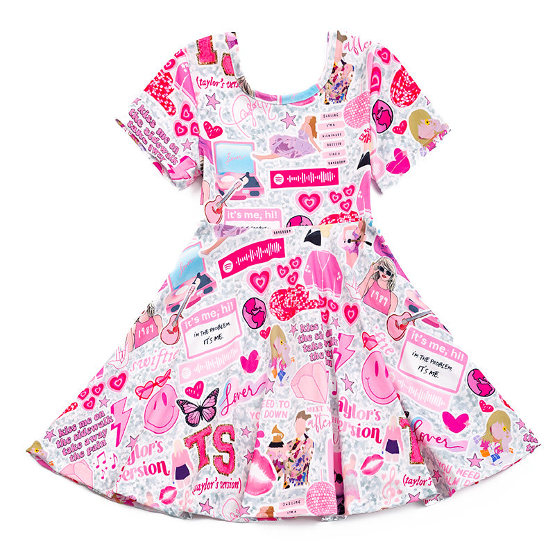 (In Stock E21-2-3)Girls TS Print Pink Dress