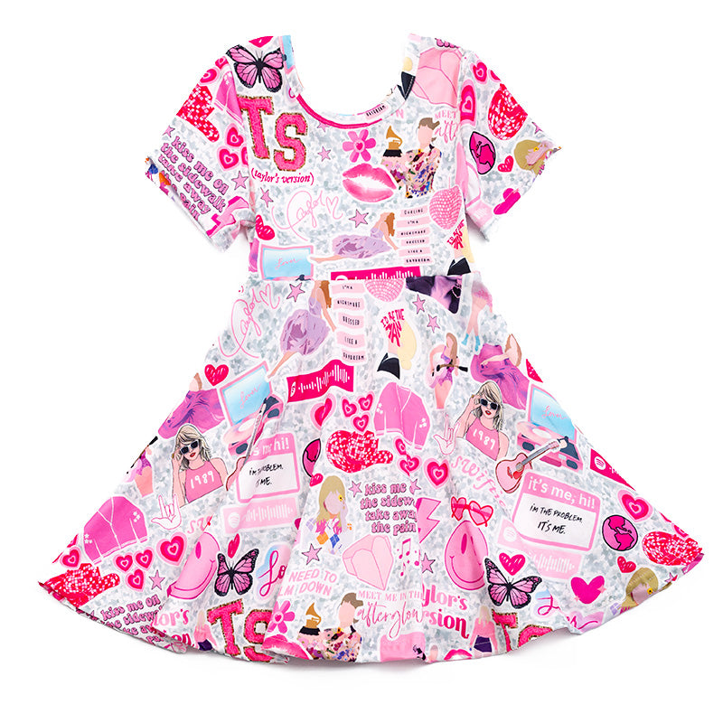 (In Stock E21-2-3)Girls TS Print Pink Dress