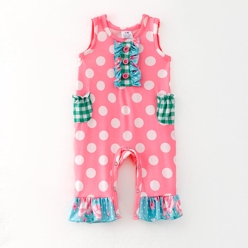 （In Stock）Toddler Girls Spring and Summer Pink Dot Print Romper