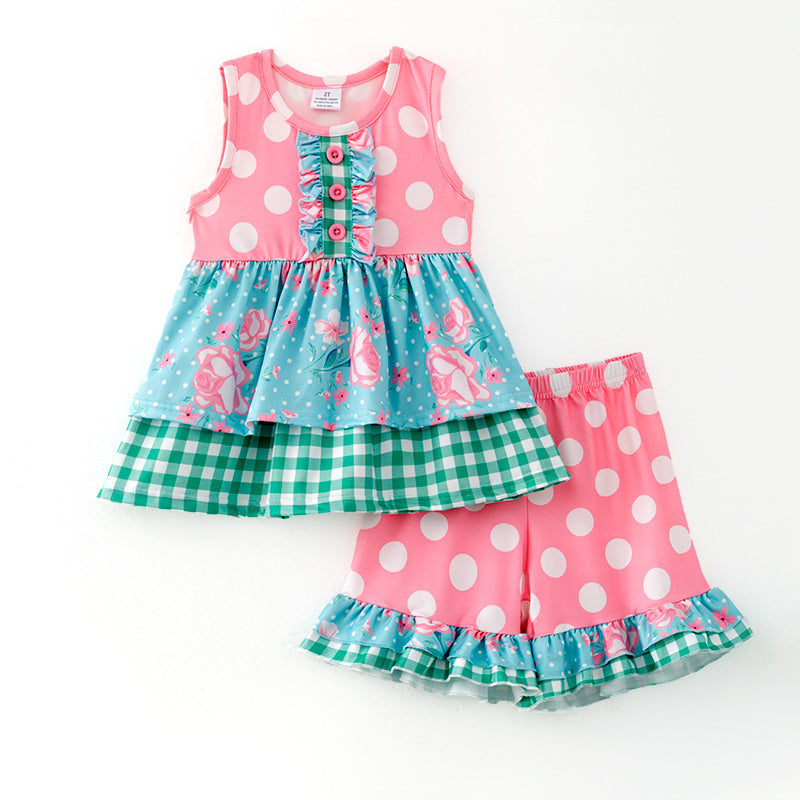 （In Stock）Girls Spring and Summer Pink Dot Print Outfit Set